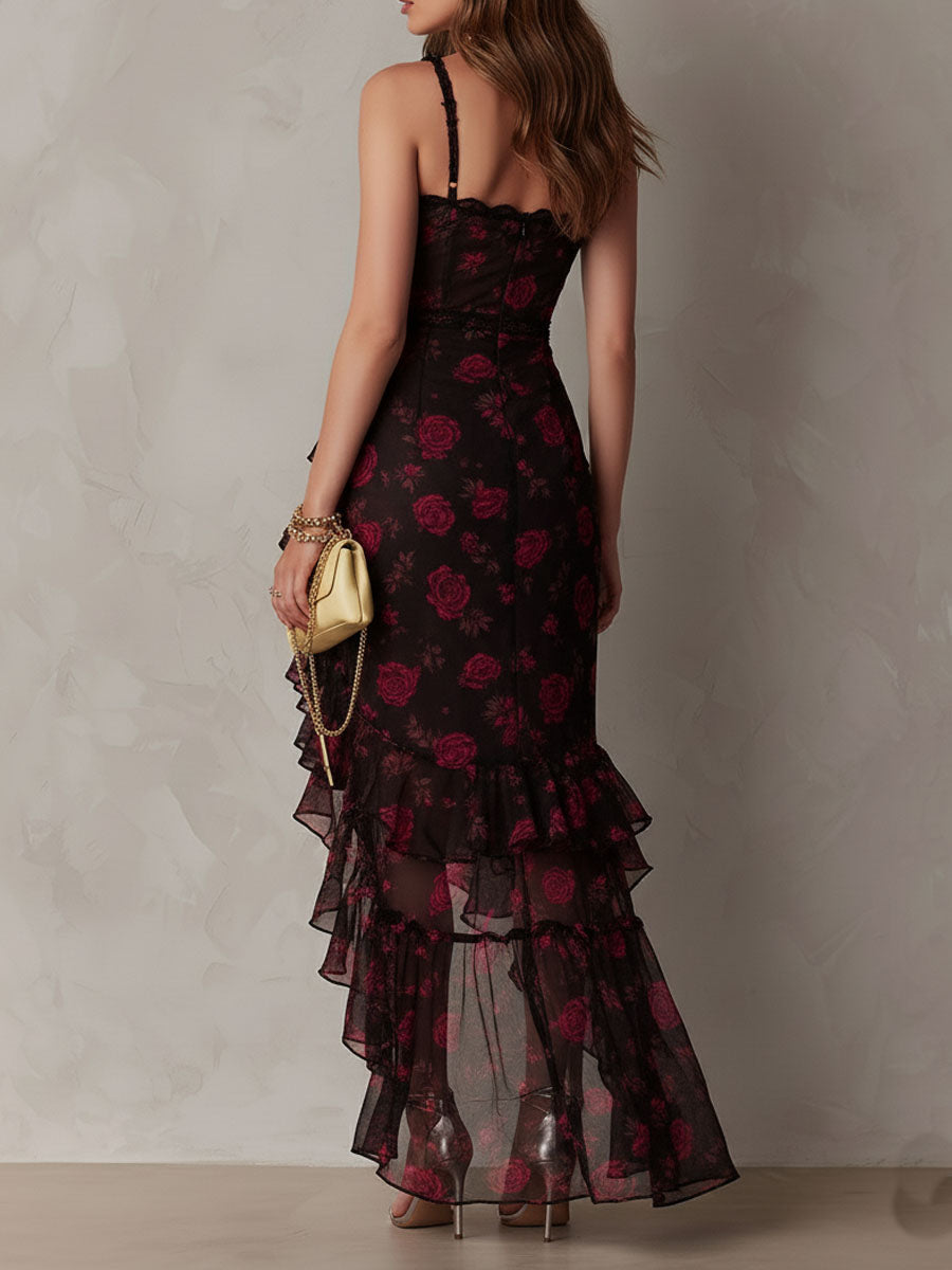 Robe Chic Noire et Rouge à Fleurs Froncée avec Ourlet Volanté
