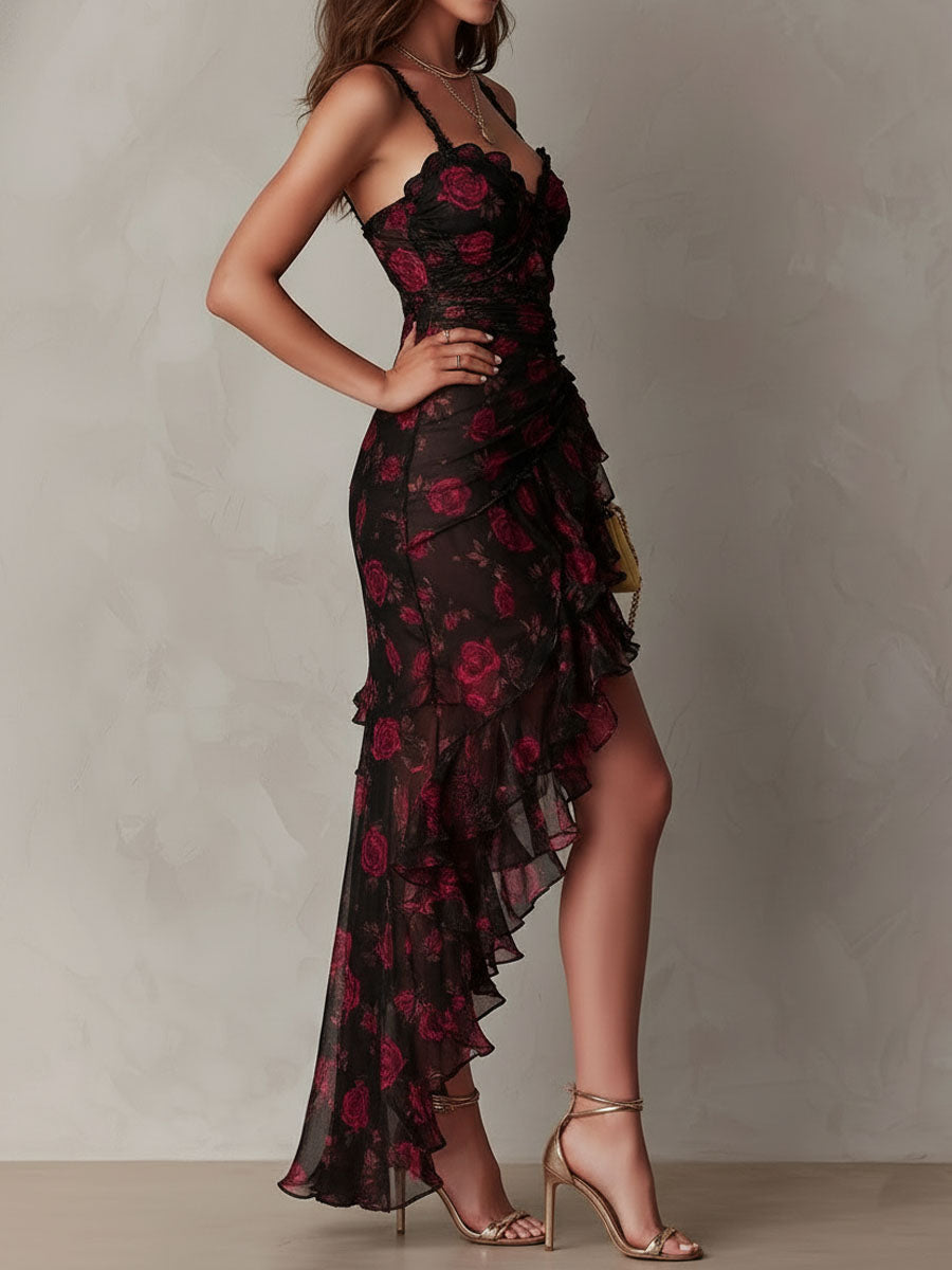 Robe Chic Noire et Rouge à Fleurs Froncée avec Ourlet Volanté