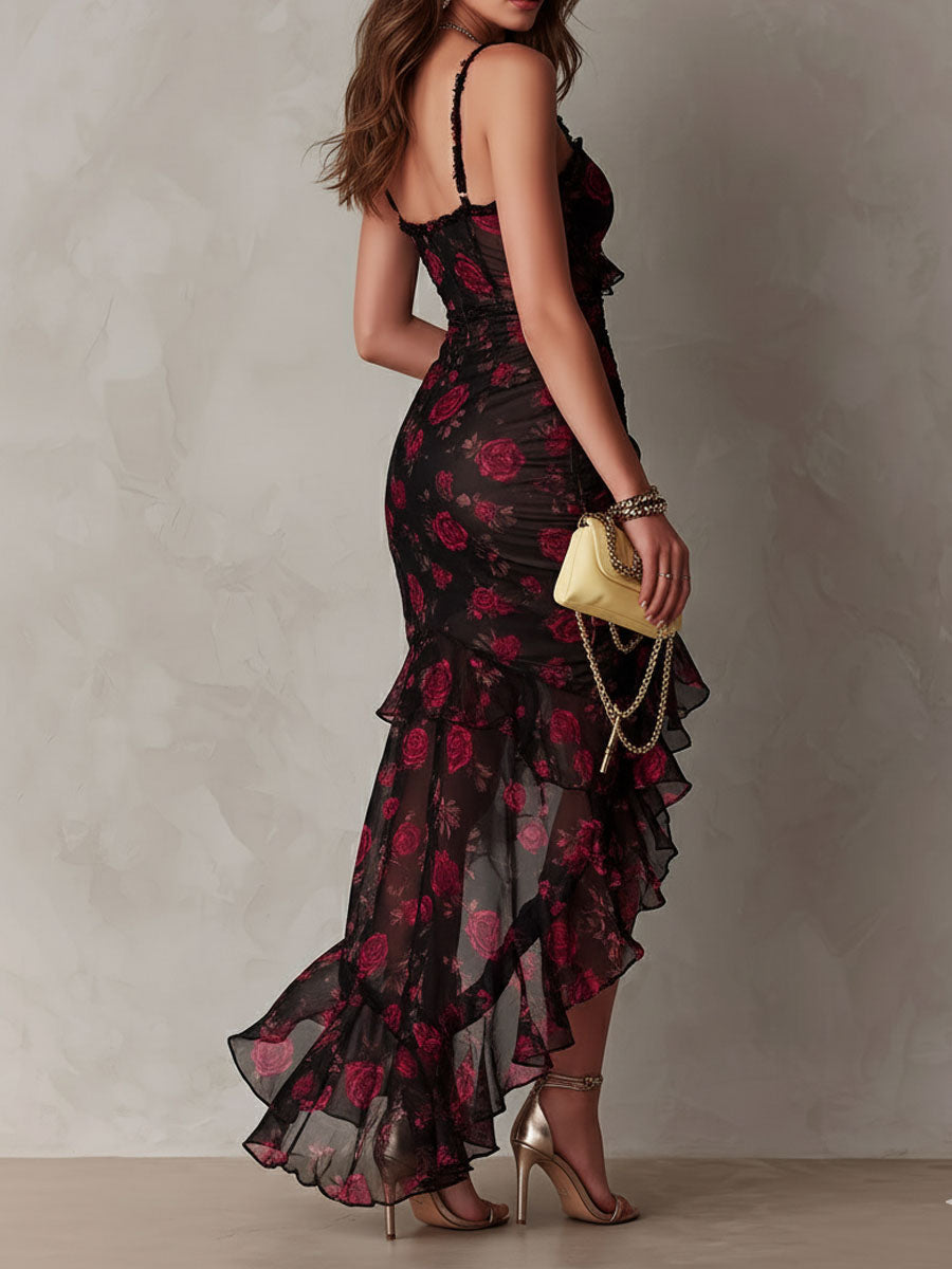 Robe Chic Noire et Rouge à Fleurs Froncée avec Ourlet Volanté