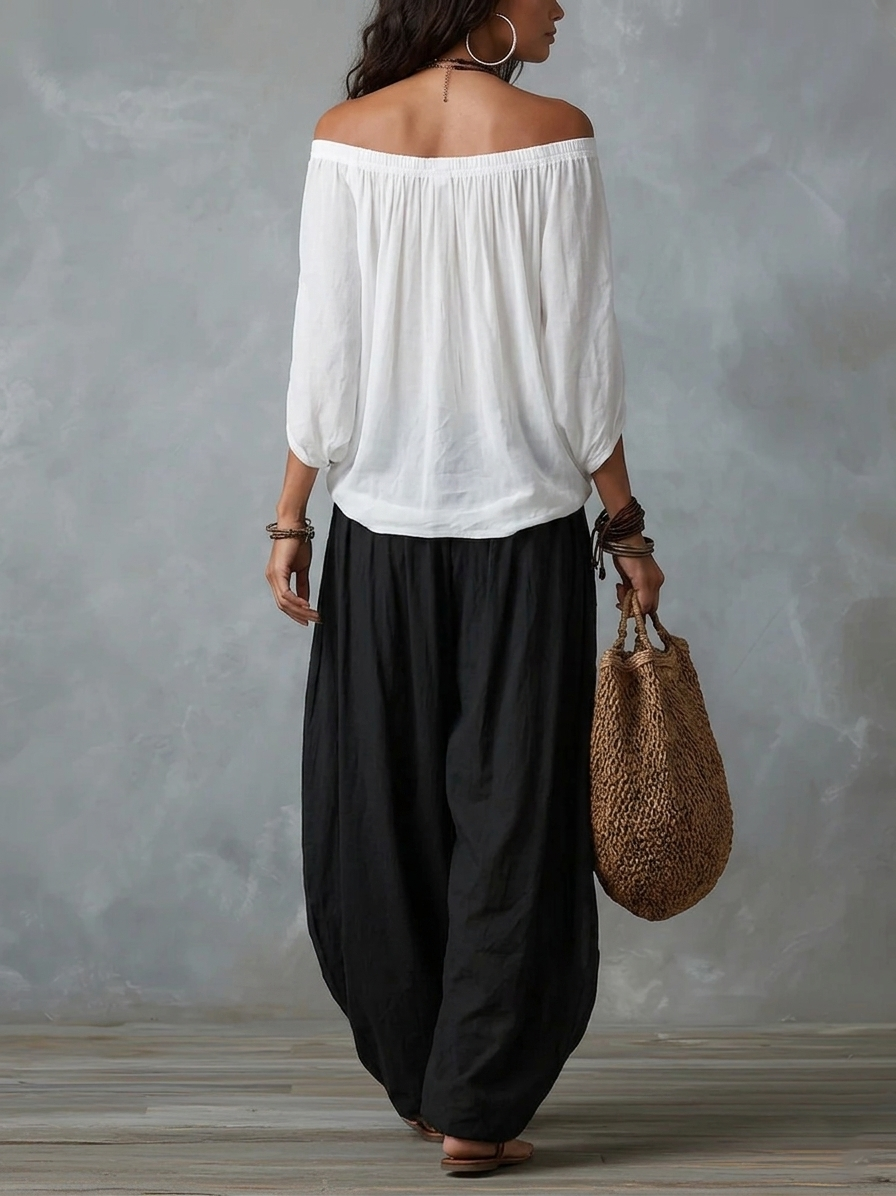 Ensemble Blanc : Top Épaules Dénudées et Pantalon Lanterne Ample