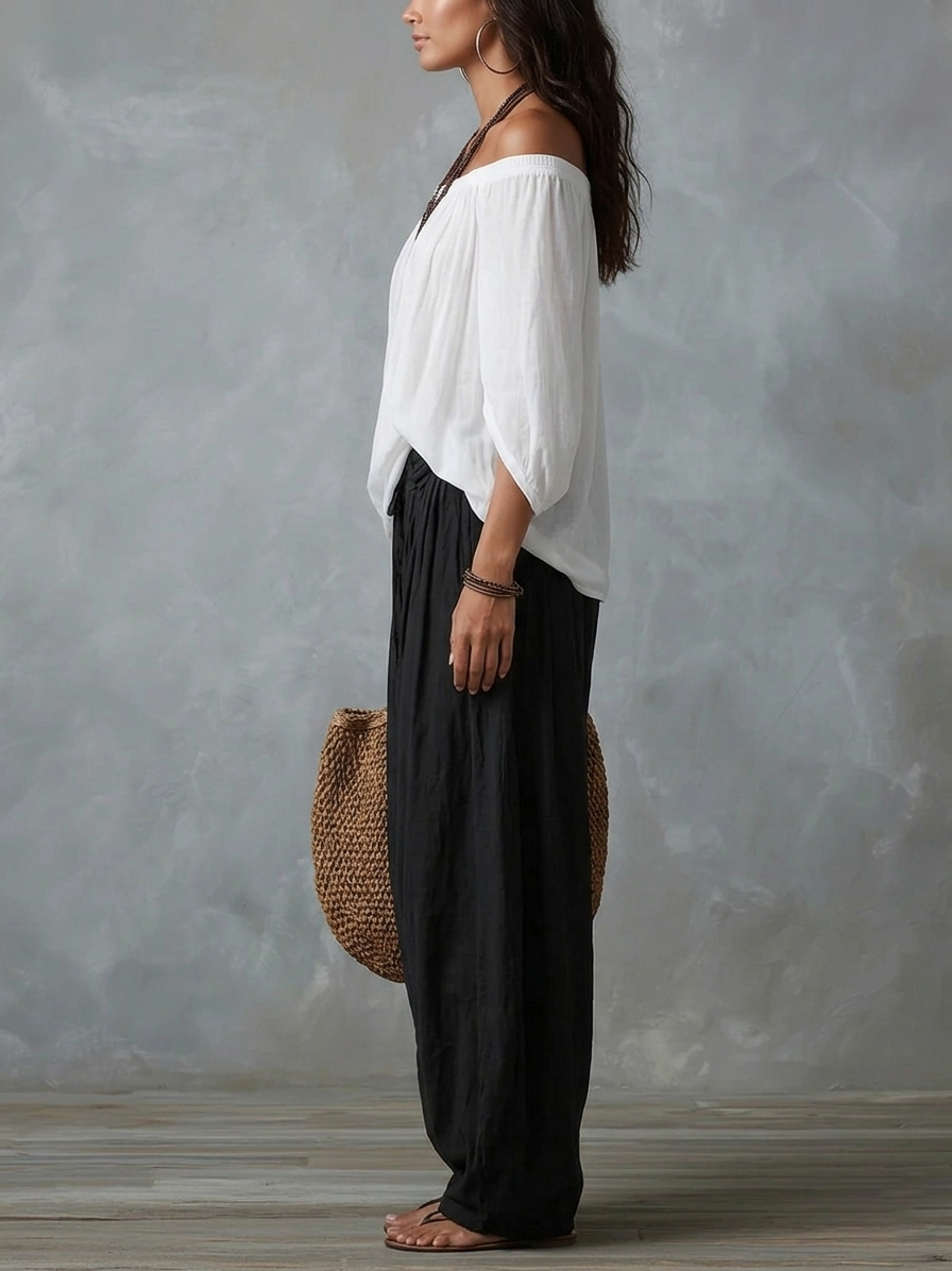 Ensemble Blanc : Top Épaules Dénudées et Pantalon Lanterne Ample