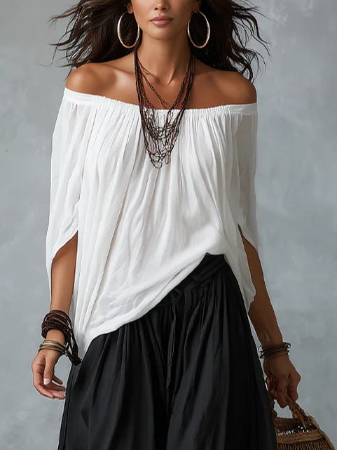 Ensemble Blanc : Top Épaules Dénudées et Pantalon Lanterne Ample