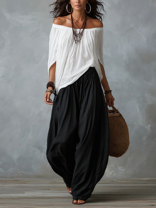 Ensemble Blanc : Top Épaules Dénudées et Pantalon Lanterne Ample