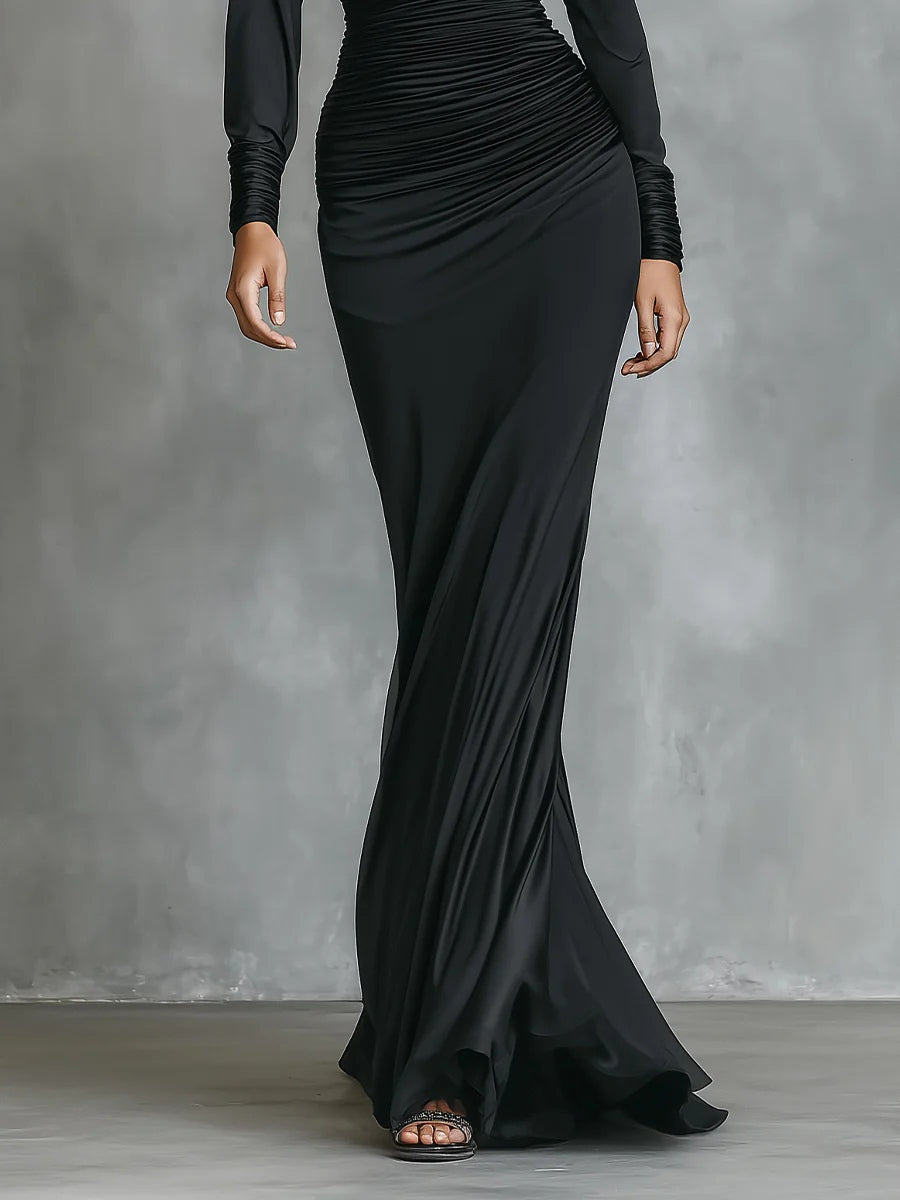 Célina | Robe Longue Asymétrique en Satin Noir