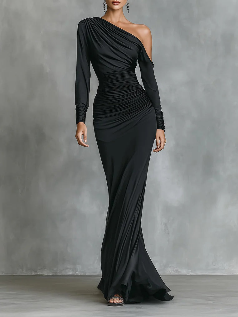 Célina | Robe Longue Asymétrique en Satin Noir