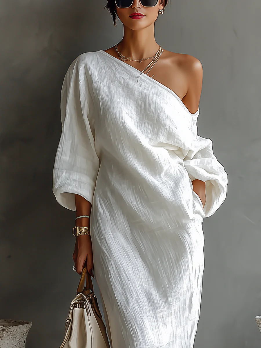 Elise | Élégante Robe Longue Asymétrique Blanche