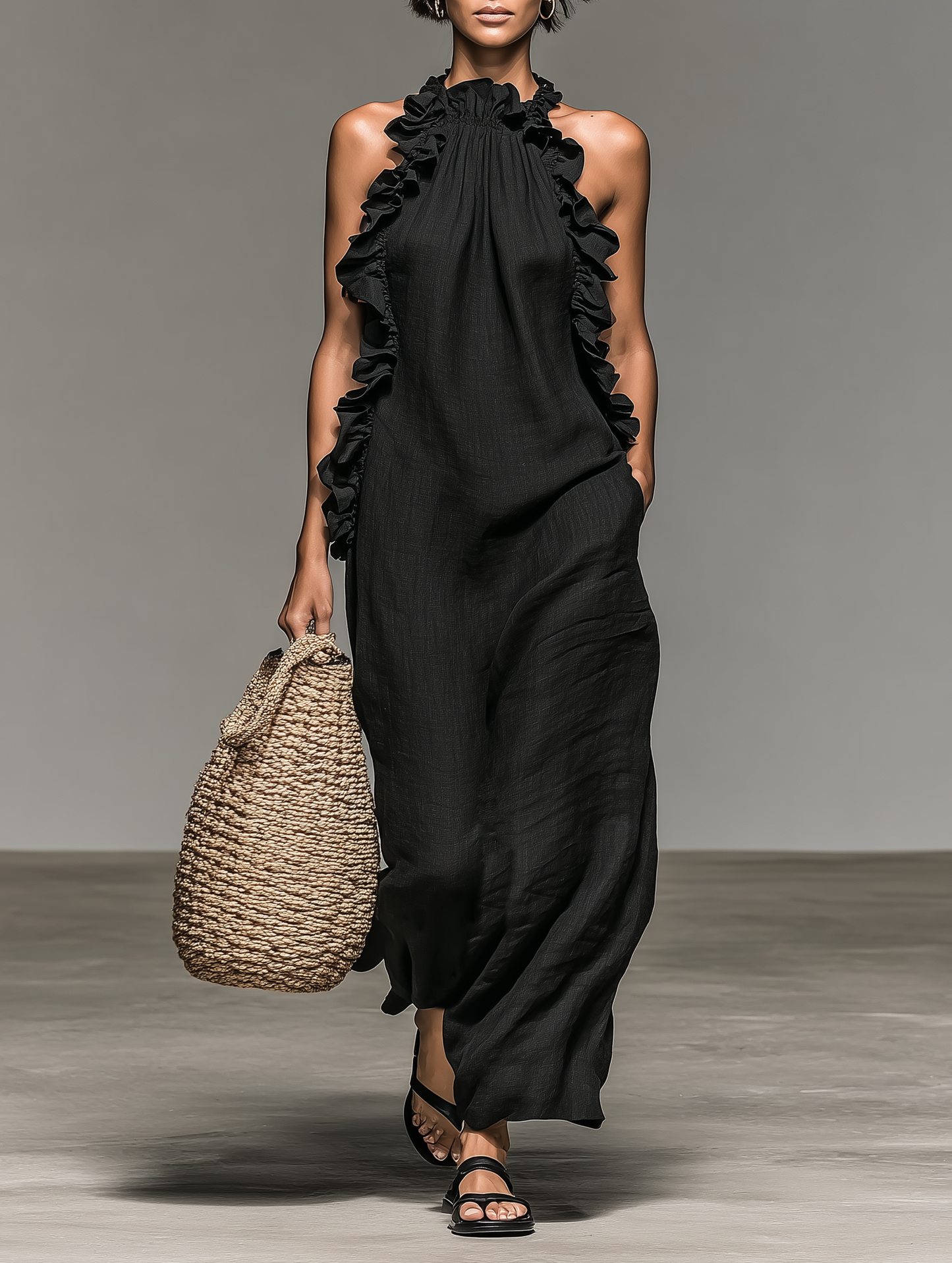 Robe Maxi Sans Manches en Lin Mélangé Minimaliste avec Détails Volantés Femme MDZ1622A0Y