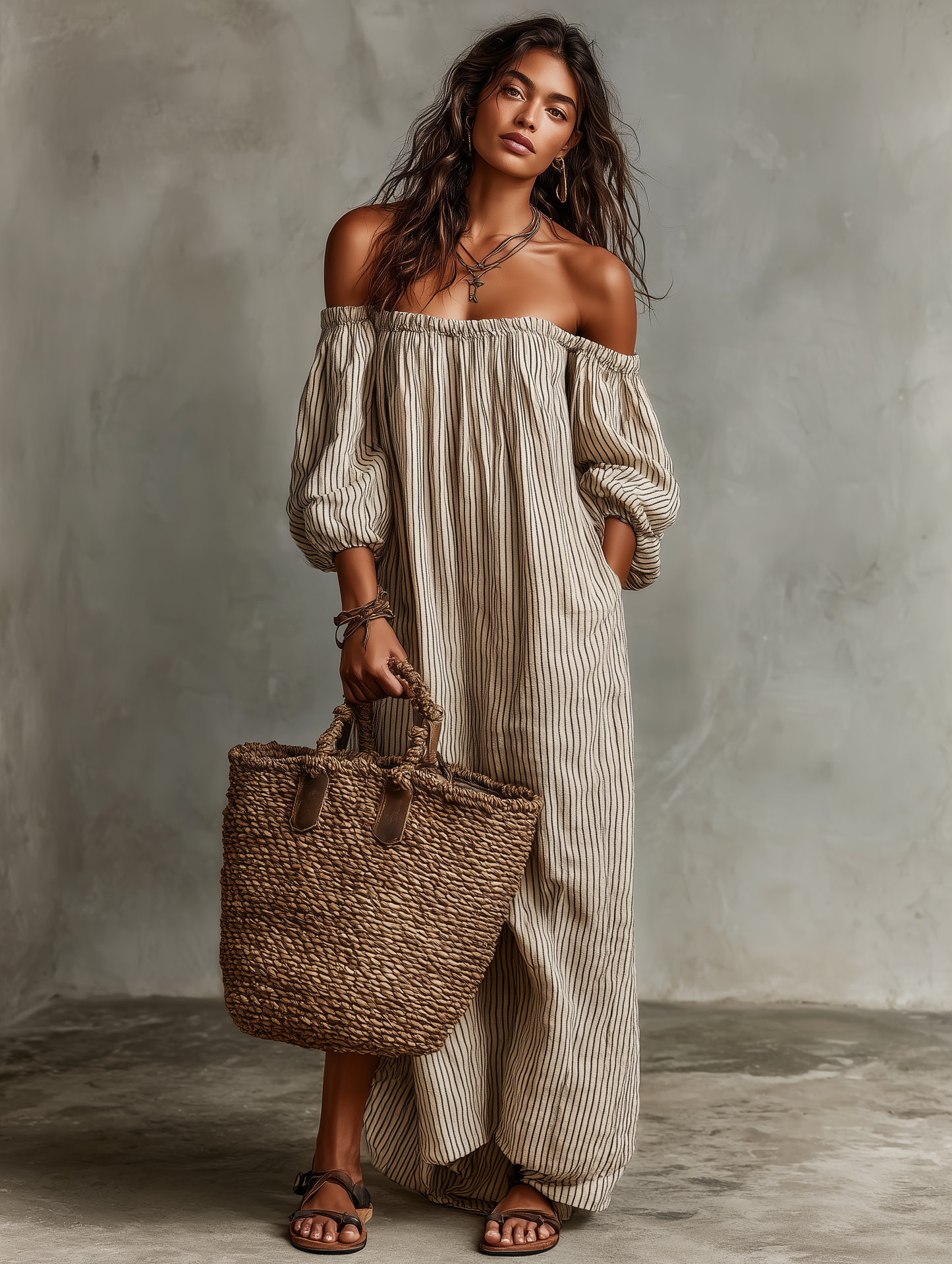 Carmen | Robe Longue en Coton et Lin avec Décolleté Off-the-Shoulder