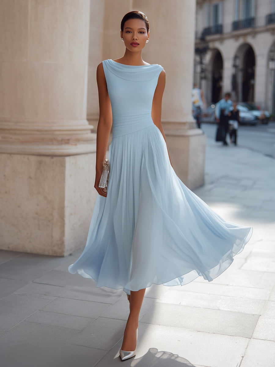 Robe midi plissée sans manches à col drapé