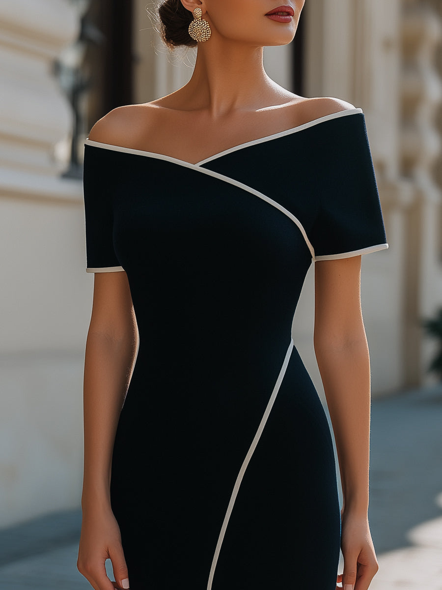 Robe fourreau cintrée à épaules dénudées et finitions contrastées