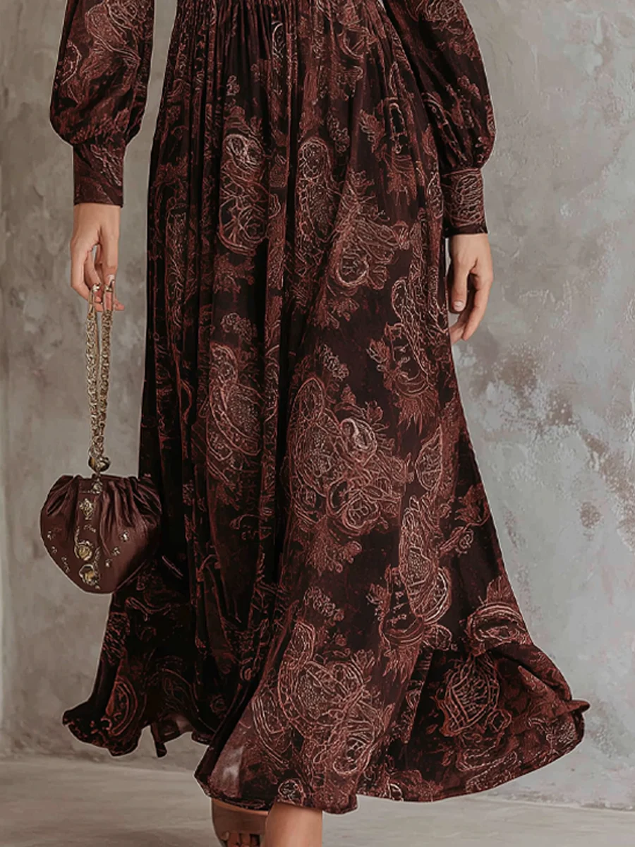 Ariane | Robe Longue à Imprimé Cachemire et Taille Cintrée