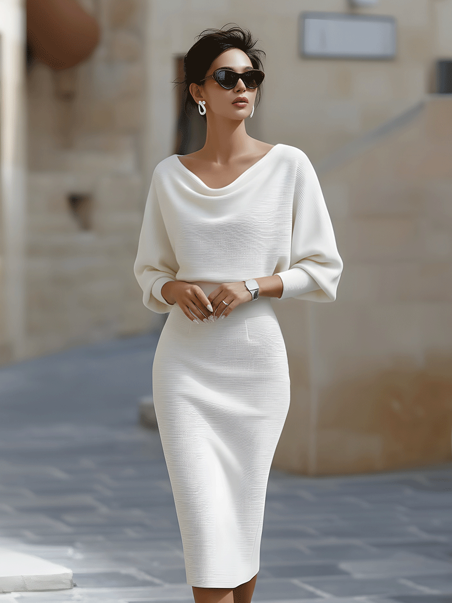 Robe midi blanche drapée à manches chauve-souris