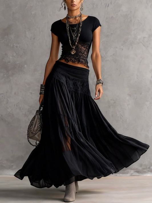 Ensemble Haut Noir Transparent en Dentelle et Jupe Longue Plissée