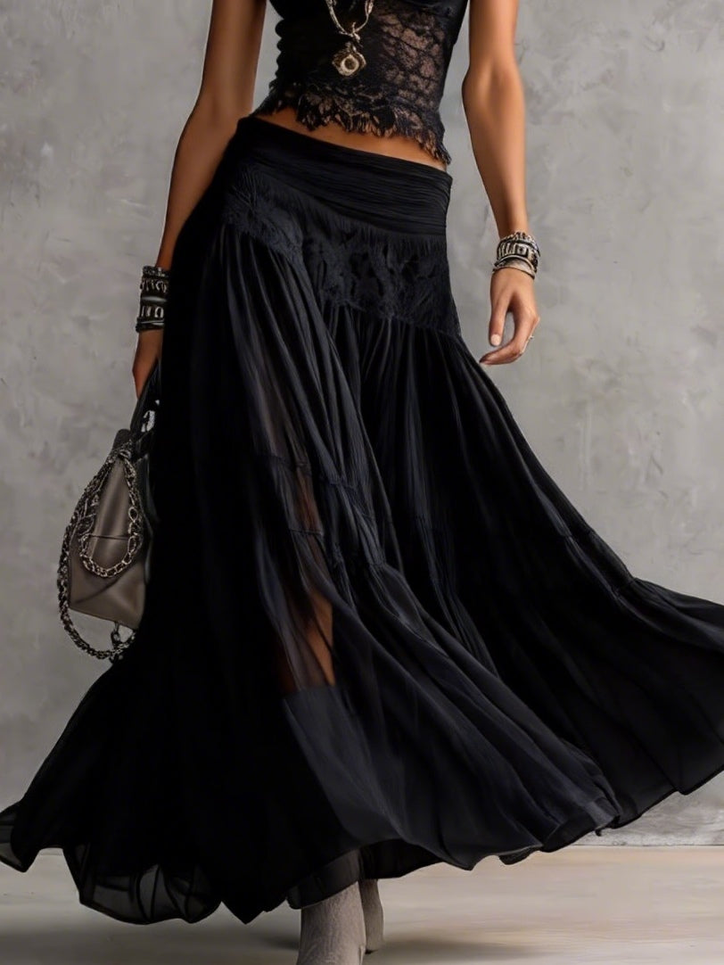 Ensemble Haut Noir Transparent en Dentelle et Jupe Longue Plissée