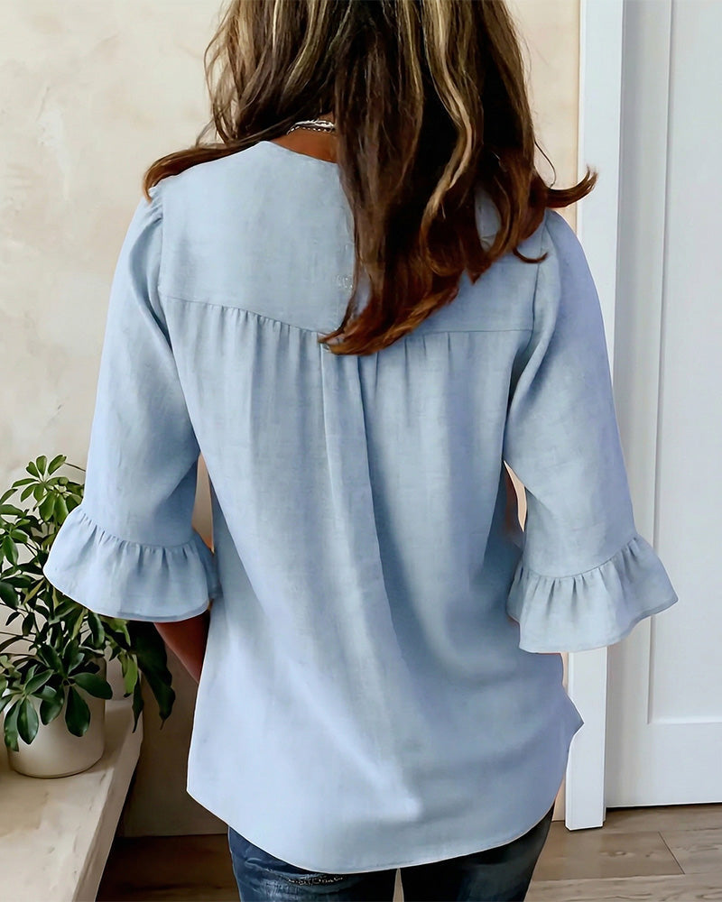 Chemisiers Sophia en coton et lin unis, avec boutons en bois et volants