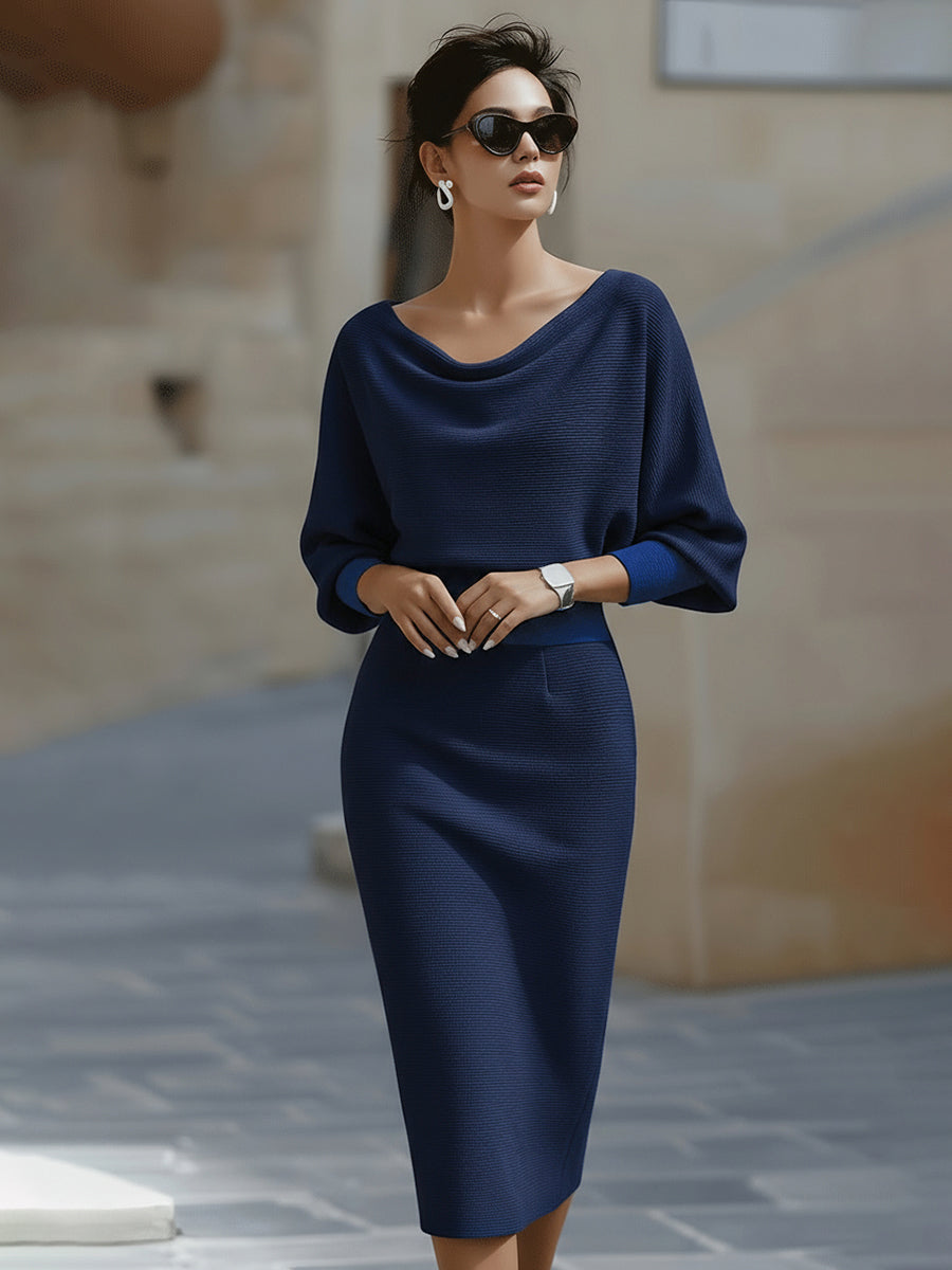Robe midi blanche drapée à manches chauve-souris