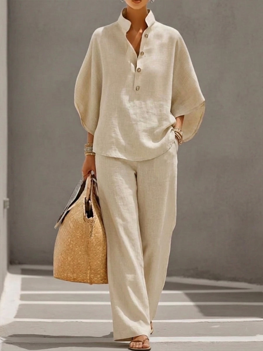 Mariel | Ensemble Pantalon Large en Coton et Lin à Manches Chauve-Souris