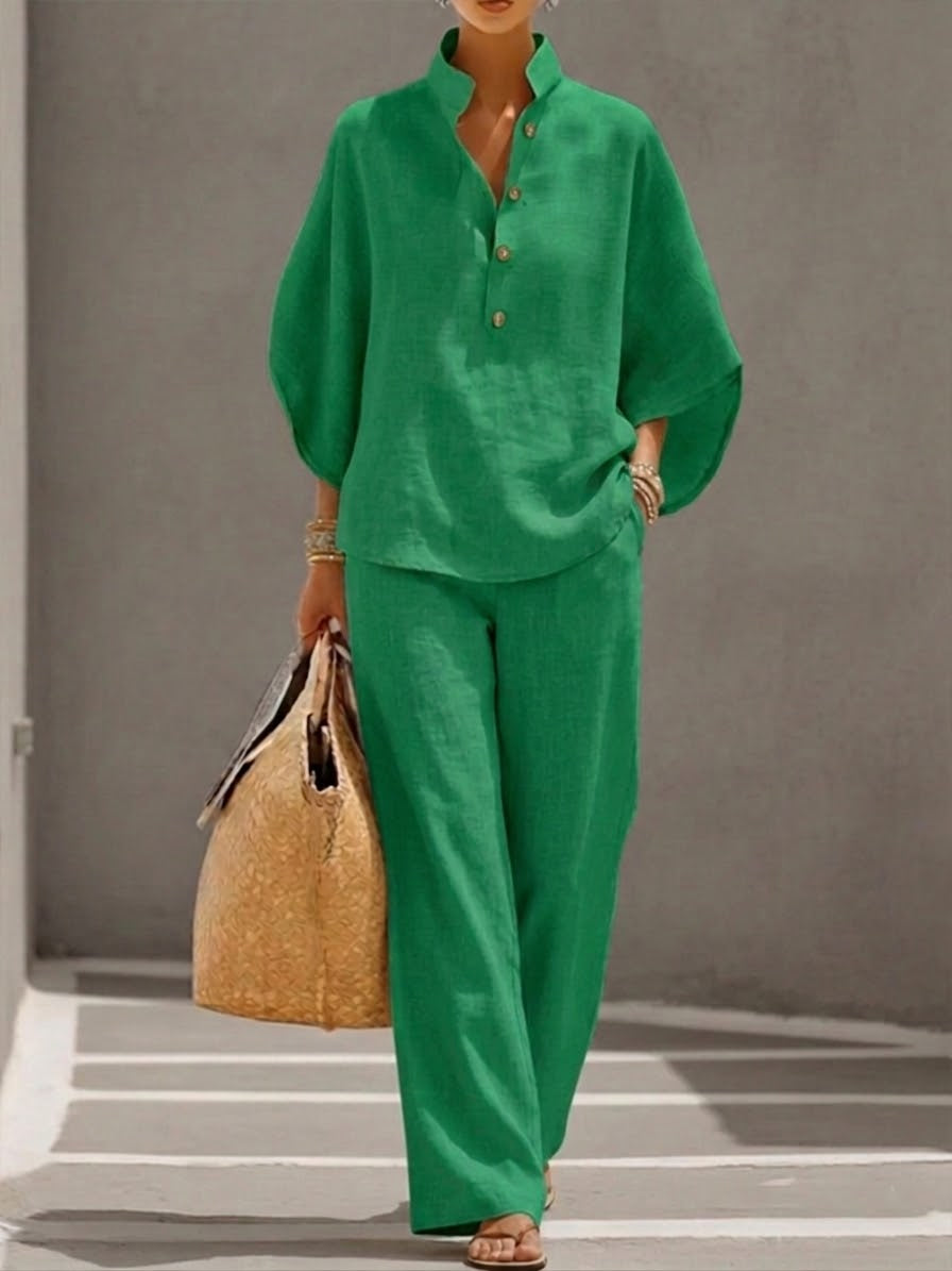 Mariel | Ensemble Pantalon Large en Coton et Lin à Manches Chauve-Souris