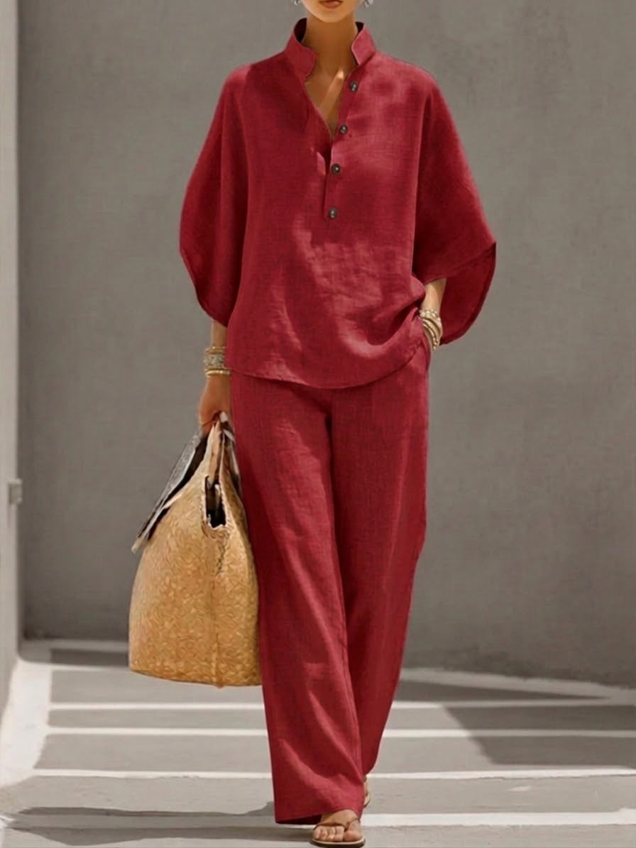 Mariel | Ensemble Pantalon Large en Coton et Lin à Manches Chauve-Souris