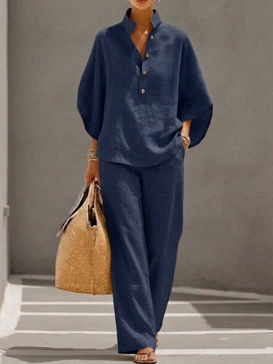 Mariel | Ensemble Pantalon Large en Coton et Lin à Manches Chauve-Souris