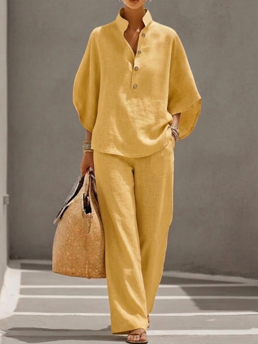 Mariel | Ensemble Pantalon Large en Coton et Lin à Manches Chauve-Souris